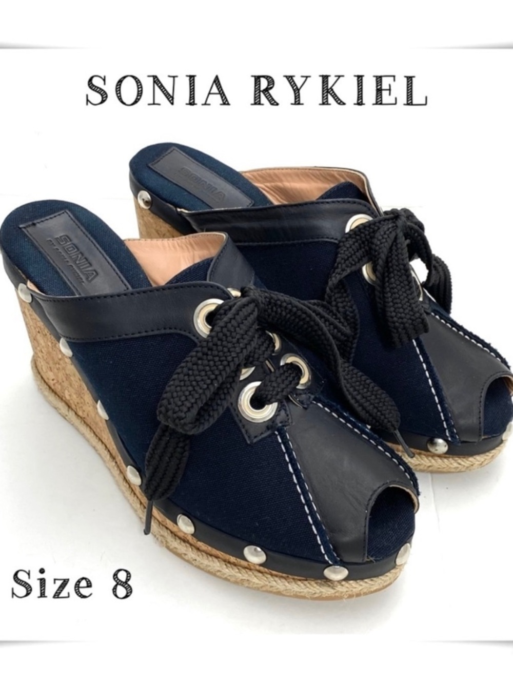 SONIA Rykiel Lace Up Leather Cork Wedge Heel Mule Sandal in Black Size 8 /38